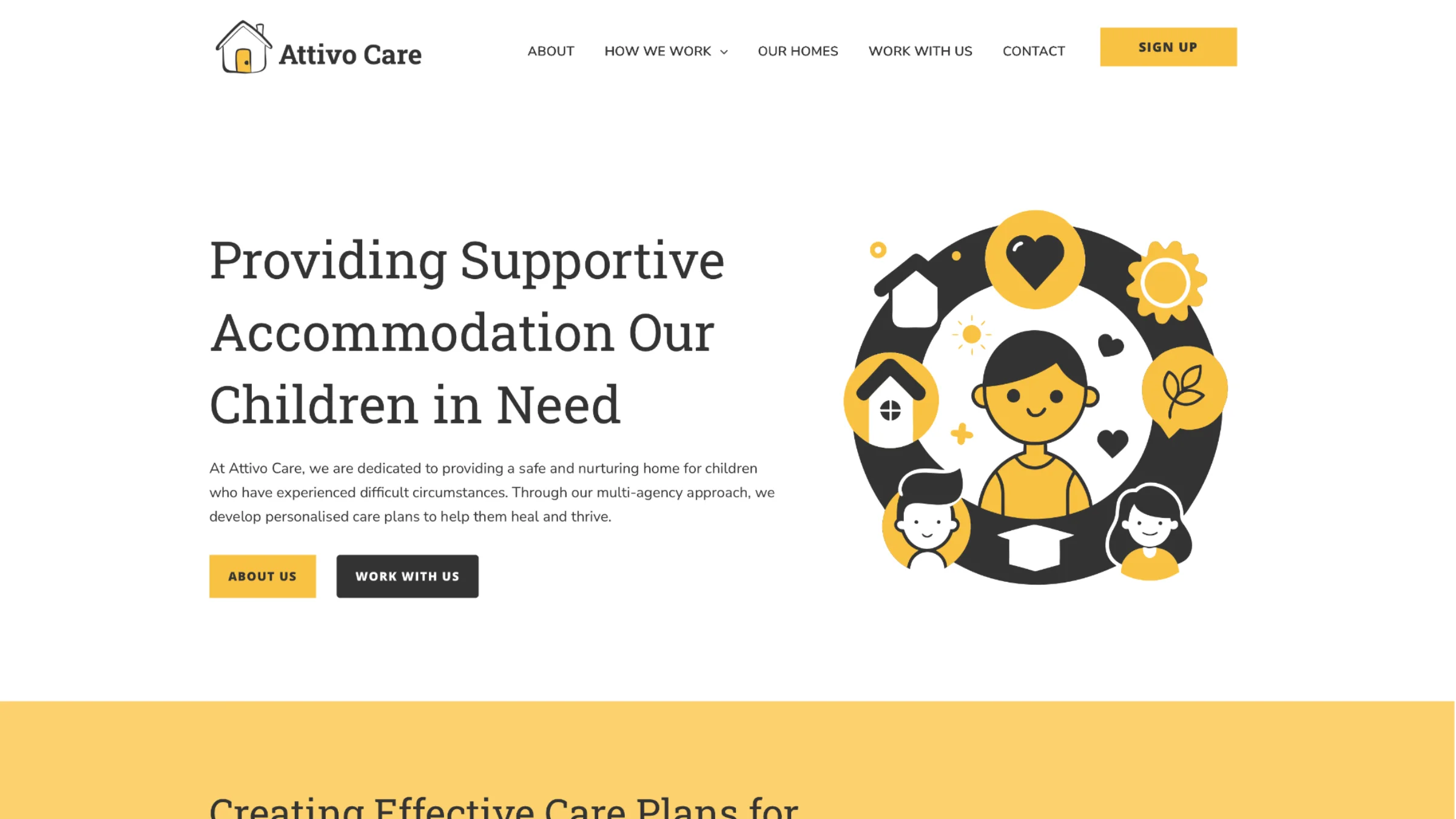 Attivo Care homepage — Providing Supportive Accommodation Our Children in Need, with a warm yellow accent and custom SVG illustration of children and carers