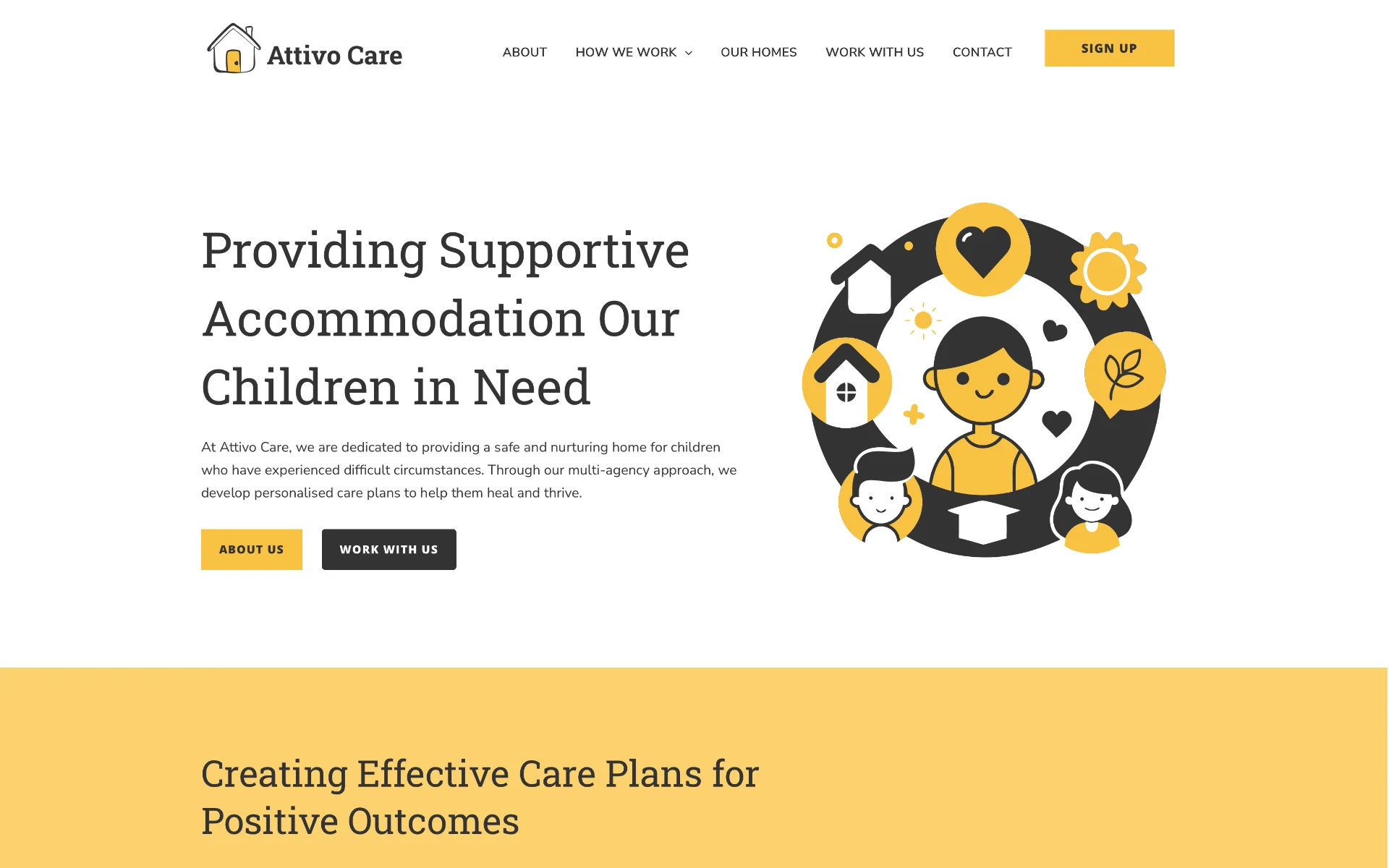 Attivo Care&rsquo;s rebuilt site — Providing Supportive Accommodation Our Children in Need, with a custom SVG illustration of children and carers, warm yellow accent, and proper navigation
