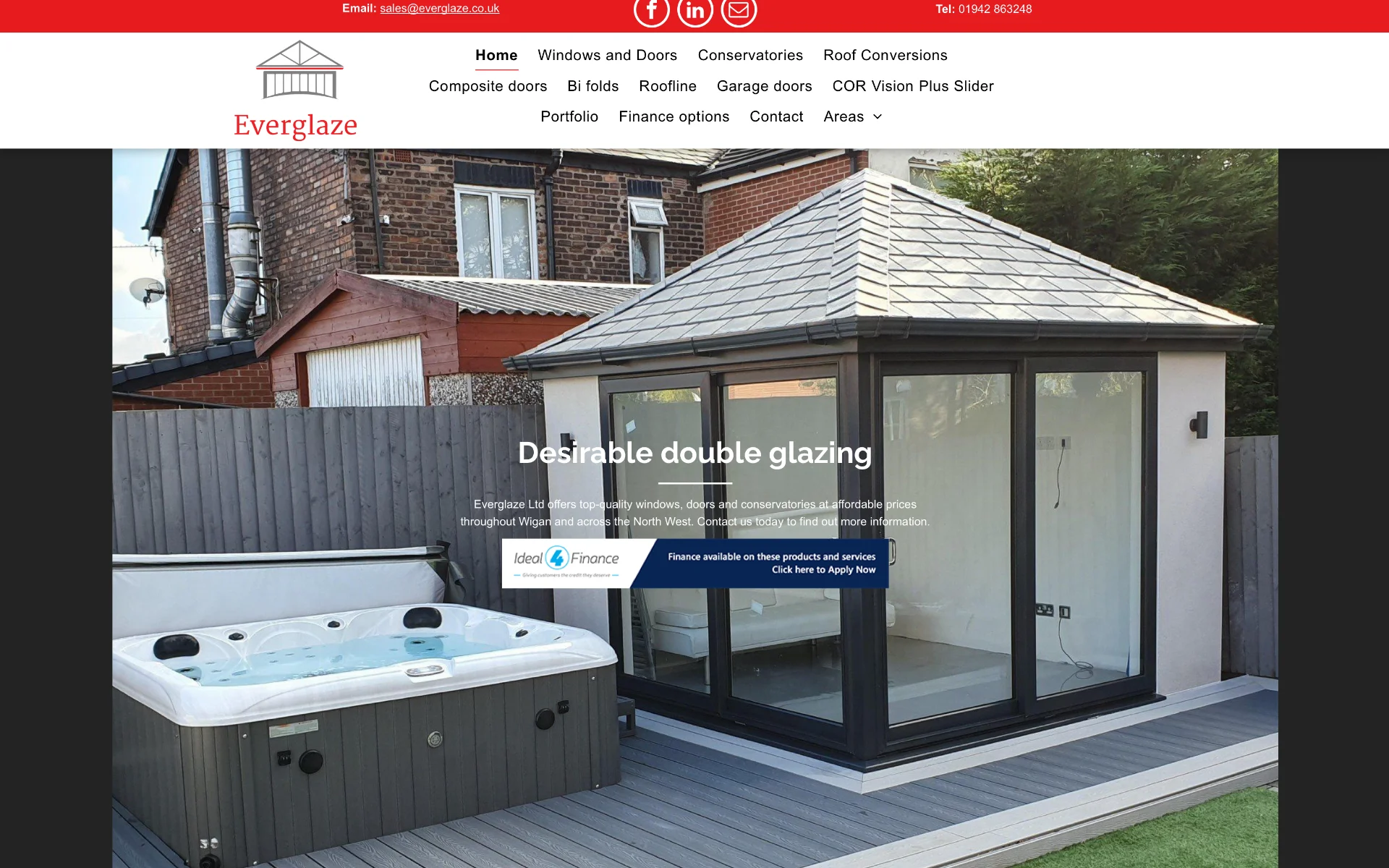 Everglaze’s previous Yell.com site — cluttered navigation across two rows, dated red title bar, conservatory photograph with an overlaid ‘Desirable double glazing’ headline