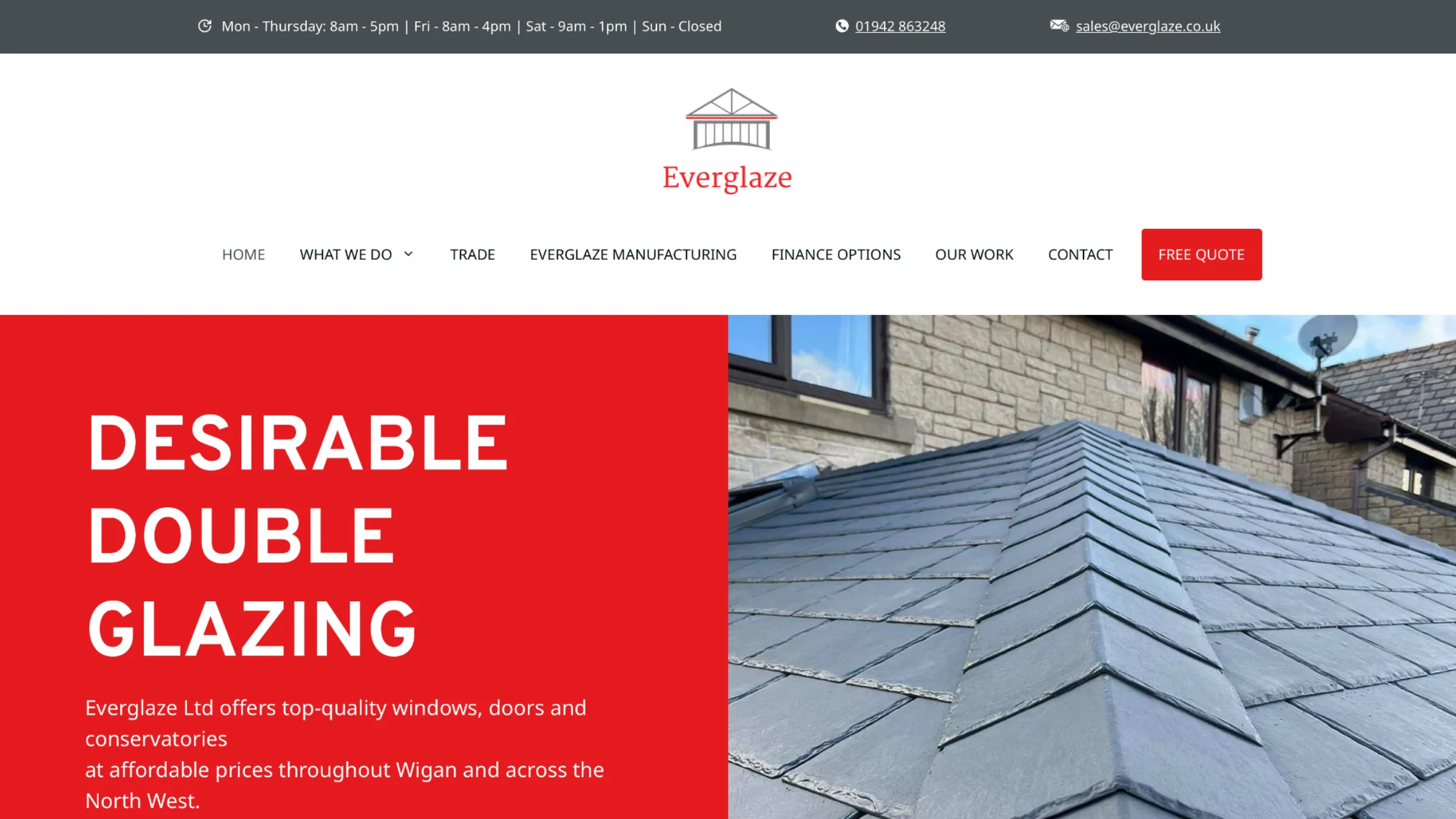 Everglaze homepage hero — Desirable Double Glazing, with a strong red accent column alongside a product photograph of a finished conservatory installation