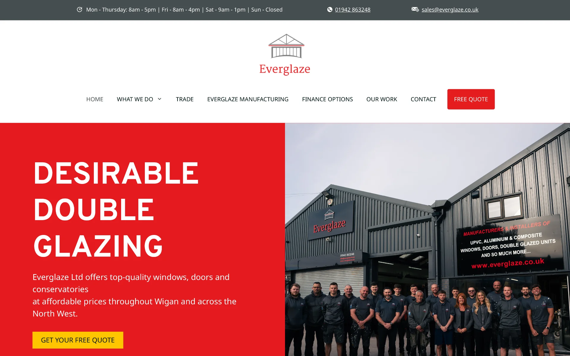 Everglaze’s rebuilt WordPress site — simplified single-row navigation, bold red headline column, team photograph at the depot, prominent Free Quote CTA