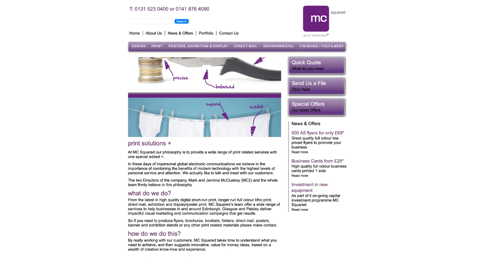 MC Squared Print homepage circa 2018 — purple-and-grey colour scheme, dated typography, complex sidebar navigation